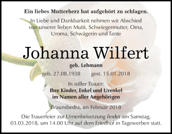Traueranzeige von Johanna Wilfert von WVG - Wochenspiegel Merseburg