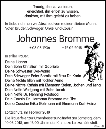 Traueranzeige von Johannes Bromme von Super Sonntag Zeitz
