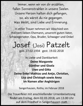 Traueranzeige von Josef  Patzelt von Mitteldeutsche Zeitung