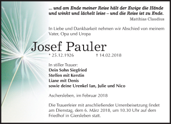 Traueranzeige von Josef Pauler von Mitteldeutsche Zeitung Aschersleben
