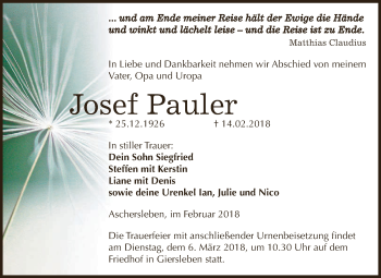 Traueranzeige von Josef Pauler von Super Sonntag Aschersleben