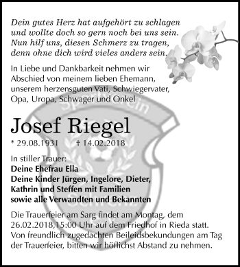 Traueranzeige von Josef Riegel von Mitteldeutsche Zeitung Bitterfeld