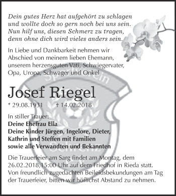 Traueranzeige von Josef Riegel von WVG - Wochenspiegel Bitterfeld