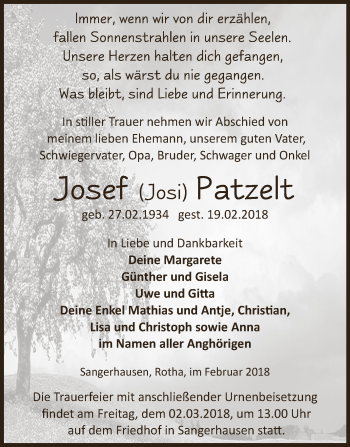 Traueranzeige von Josef Josi Patzelt von Super Sonntag SGH Mansf. Land