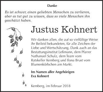 Traueranzeige von Justus Kohnert von WVG - Wochenspiegel Wittenberg