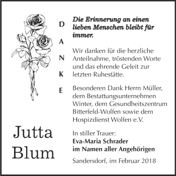 Traueranzeige von Jutta Blum von WVG - Wochenspiegel Bitterfeld