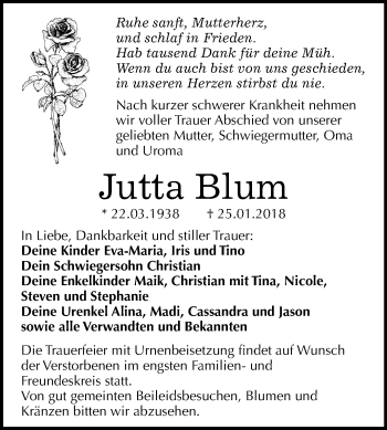 Traueranzeige von Jutta Blum von Mitteldeutsche Zeitung Bitterfeld
