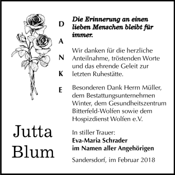 Traueranzeige von Jutta Blum von Mitteldeutsche Zeitung Bitterfeld