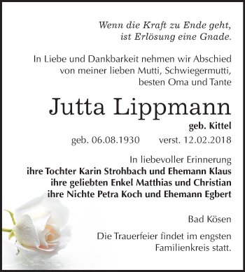 Traueranzeige von Jutta Lippmann von Mitteldeutsche Zeitung