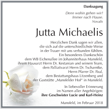 Traueranzeige von Jutta Michaelis von Mitteldeutsche Zeitung