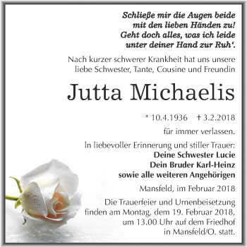 Traueranzeige von Jutta Michaelis von Wochenspiegel Mansfelder Land