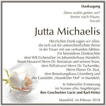Traueranzeige von Jutta Michaelis von Wochenspiegel Mansfelder Land