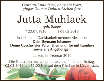 Traueranzeige von Jutta Muhlack von WVG - Wochenspiegel NMB / WSF / ZTZ
