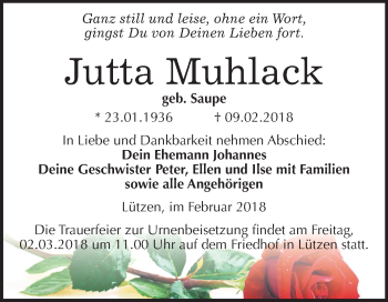 Traueranzeige von Jutta Muhlack von Mitteldeutsche Zeitung Weißenfels