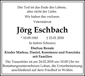 Traueranzeige von Jörg Eschbach von WVG - Wochenspiegel Bitterfeld