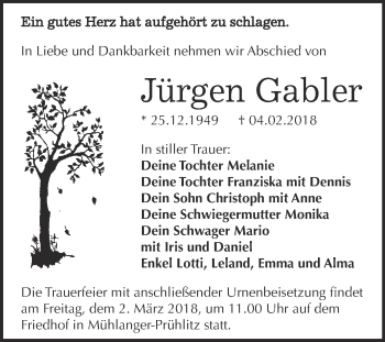 Traueranzeige von Jürgen Gabler von WVG - Wochenspiegel Wittenberg