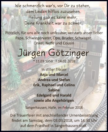 Traueranzeige von Jürgen Götzenger von Super Sonntag SGH Mansf. Land