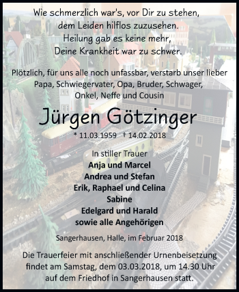 Traueranzeige von Jürgen Götzenger von Mitteldeutsche Zeitung Sangerhausen