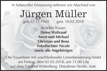 Traueranzeige von Jürgen Müller von WVG - Wochenspiegel Wittenberg