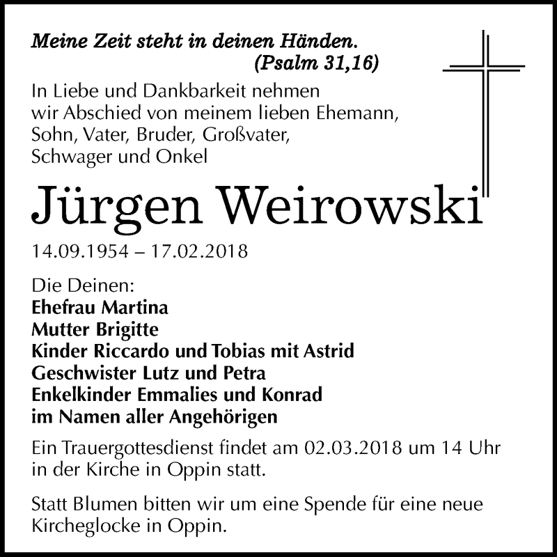  Traueranzeige für Jürgen Weirowski vom 24.02.2018 aus Mitteldeutsche Zeitung Halle/Saalkreis