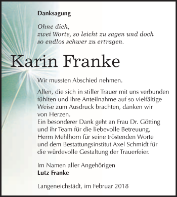 Traueranzeige von Karin Franke von WVG - Wochenspiegel Merseburg