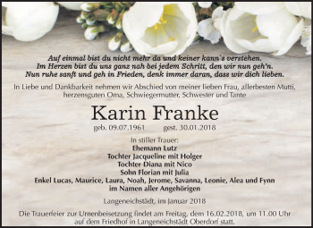 Traueranzeige von Karin Franke von WVG - Wochenspiegel Merseburg