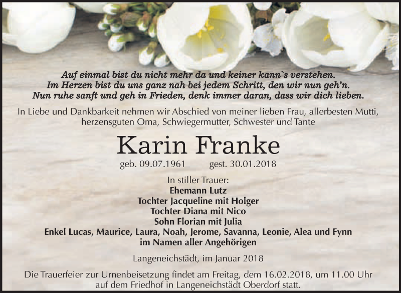  Traueranzeige für Karin Franke vom 10.02.2018 aus WVG - Wochenspiegel Merseburg