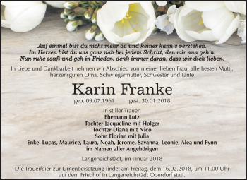Traueranzeige von Karin Franke von Mitteldeutsche Zeitung Merseburg/Querfurt