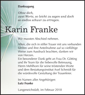 Traueranzeige von Karin Franke von Mitteldeutsche Zeitung