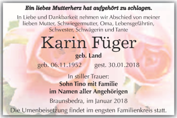 Traueranzeige von Karin Füger von WVG - Wochenspiegel Merseburg