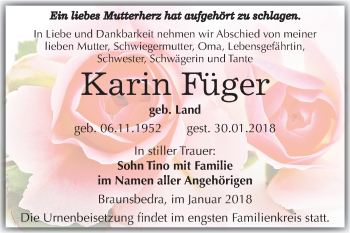 Traueranzeige von Karin Füger von Mitteldeutsche Zeitung Merseburg/Querfurt