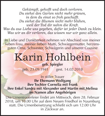 Traueranzeige von Karin Hohlbein von Mitteldeutsche Zeitung