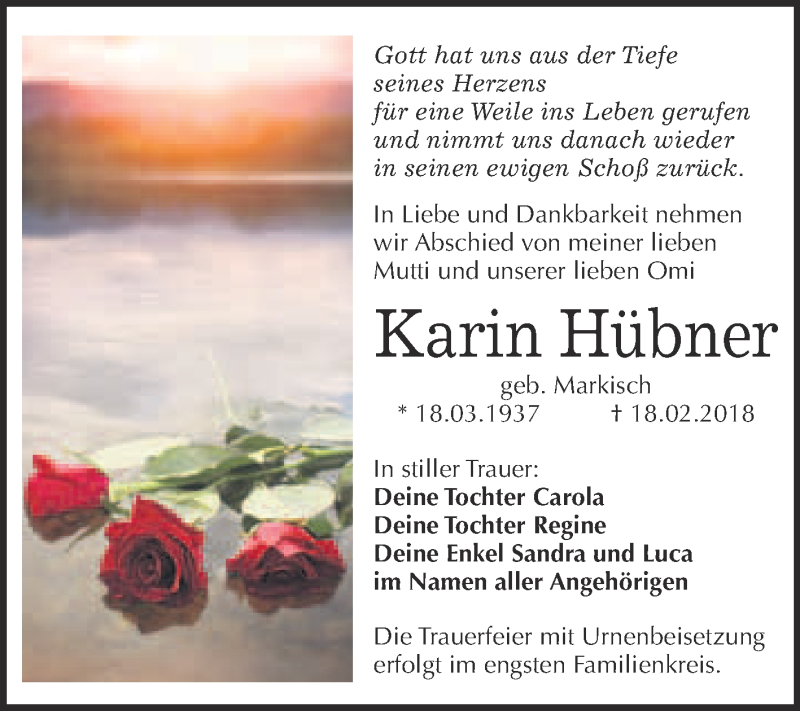  Traueranzeige für Karin Hübner vom 28.02.2018 aus WVG - Wochenspiegel Bitterfeld
