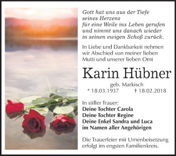 Traueranzeige von Karin Hübner von Mitteldeutsche Zeitung Bitterfeld