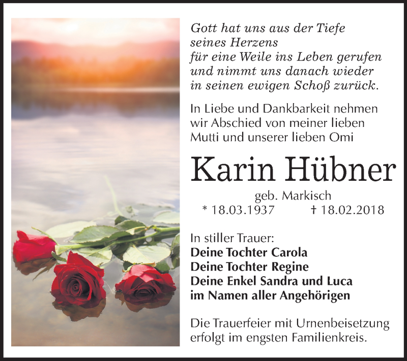  Traueranzeige für Karin Hübner vom 28.02.2018 aus Mitteldeutsche Zeitung Bitterfeld