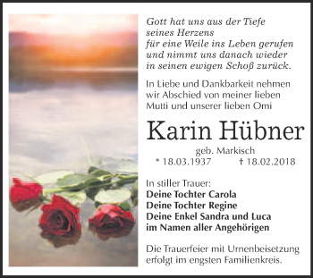 Traueranzeige von Karin Hübner von WVG - Wochenspiegel Bitterfeld