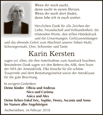 Traueranzeige von Karin Kersten von Super Sonntag Aschersleben