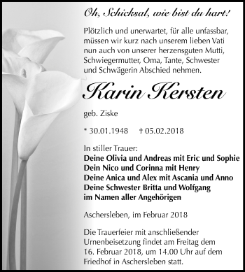 Traueranzeige von Karin Kersten von Mitteldeutsche Zeitung Aschersleben
