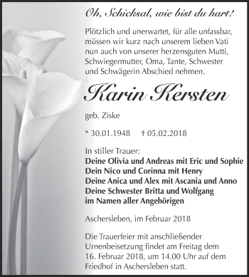 Traueranzeige von Karin Kersten von Super Sonntag Aschersleben