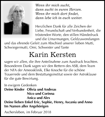 Traueranzeige von Karin Kersten von Mitteldeutsche Zeitung Aschersleben
