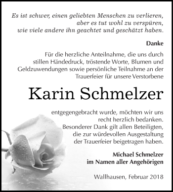Traueranzeige von Karin Schmelzer von Super Sonntag SGH Mansf. Land