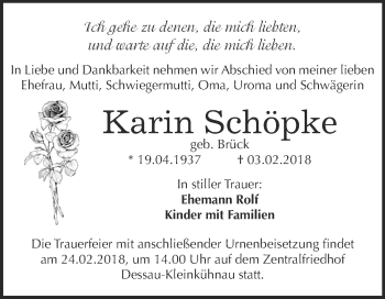 Traueranzeige von Karin Schöpke von WVG - Wochenspiegel Dessau / Köthen