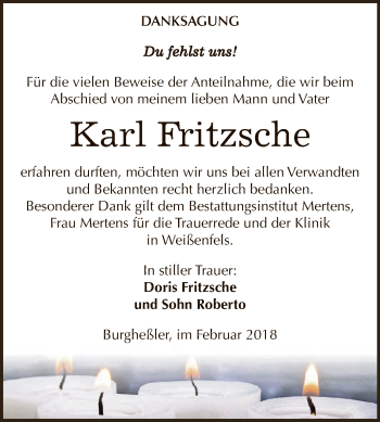 Traueranzeige von Karl Fritzsche von WVG - Wochenspiegel NMB / WSF / ZTZ