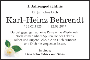 Traueranzeige von Karl-Heinz Behrendt von WVG - Wochenspiegel Bitterfeld