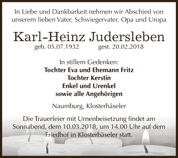 Traueranzeige von Karl-Heinz Judersleben von WVG - Wochenspiegel NMB / WSF / ZTZ