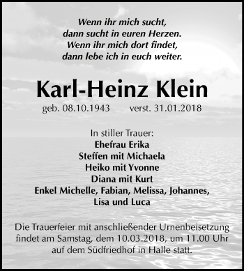 Traueranzeige von Karl-Heinz Klein von Mitteldeutsche Zeitung Halle/Saalkreis