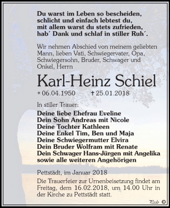Traueranzeige von Karl-Heinz Schiel von WVG - Wochenspiegel NMB / WSF / ZTZ