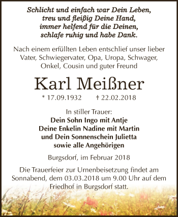 Traueranzeige von Karl Meißner von Wochenspiegel Mansfelder Land