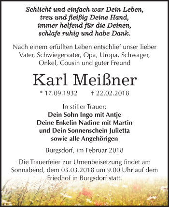 Traueranzeige von Karl Meißner von Mitteldeutsche Zeitung