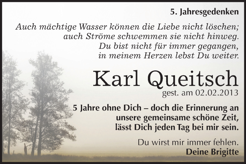  Traueranzeige für Karl Queitsch vom 02.02.2018 aus Mitteldeutsche Zeitung